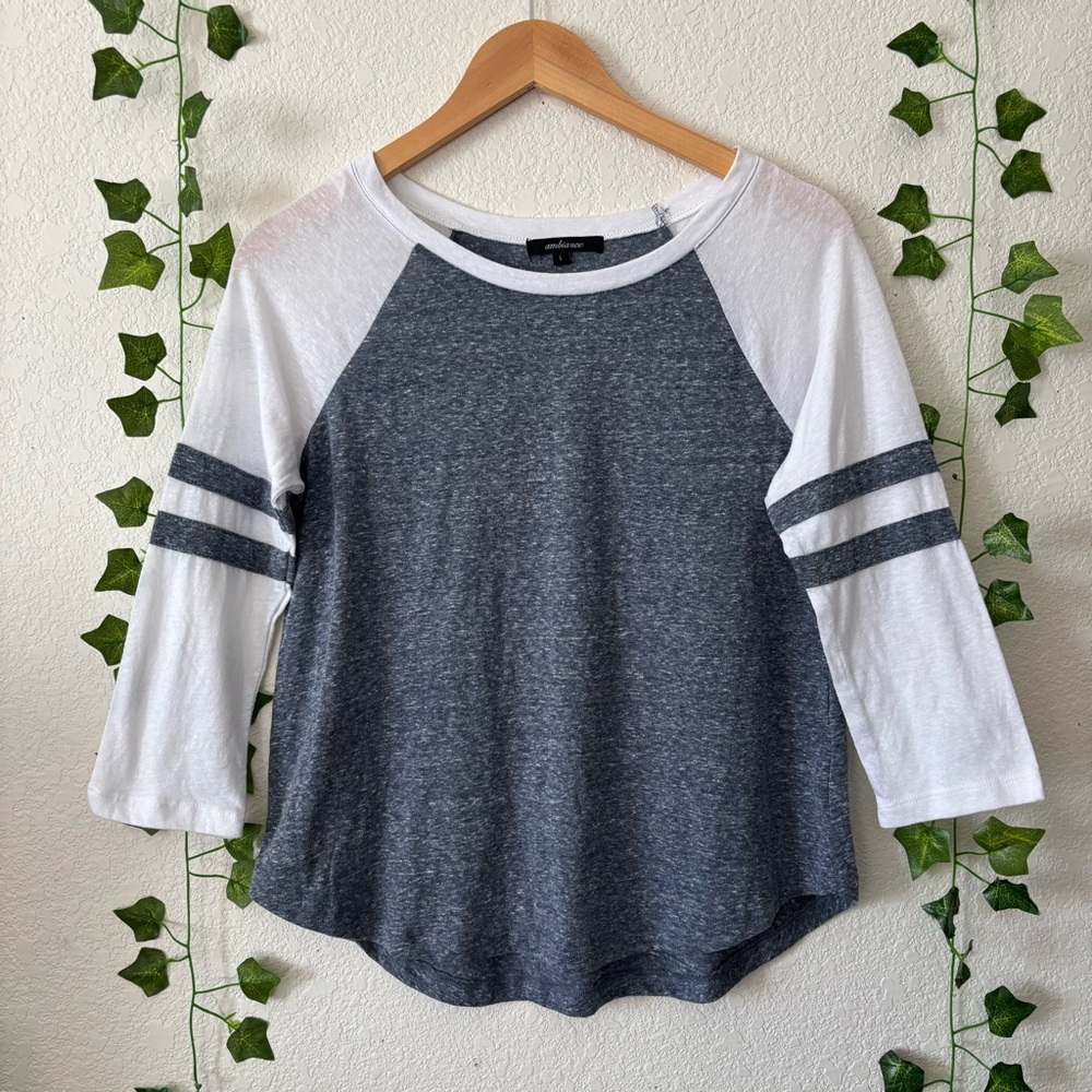 Ambiance Women/Juniors White Gray Striped Jersey Style Baseball Tee Shirt Size L
